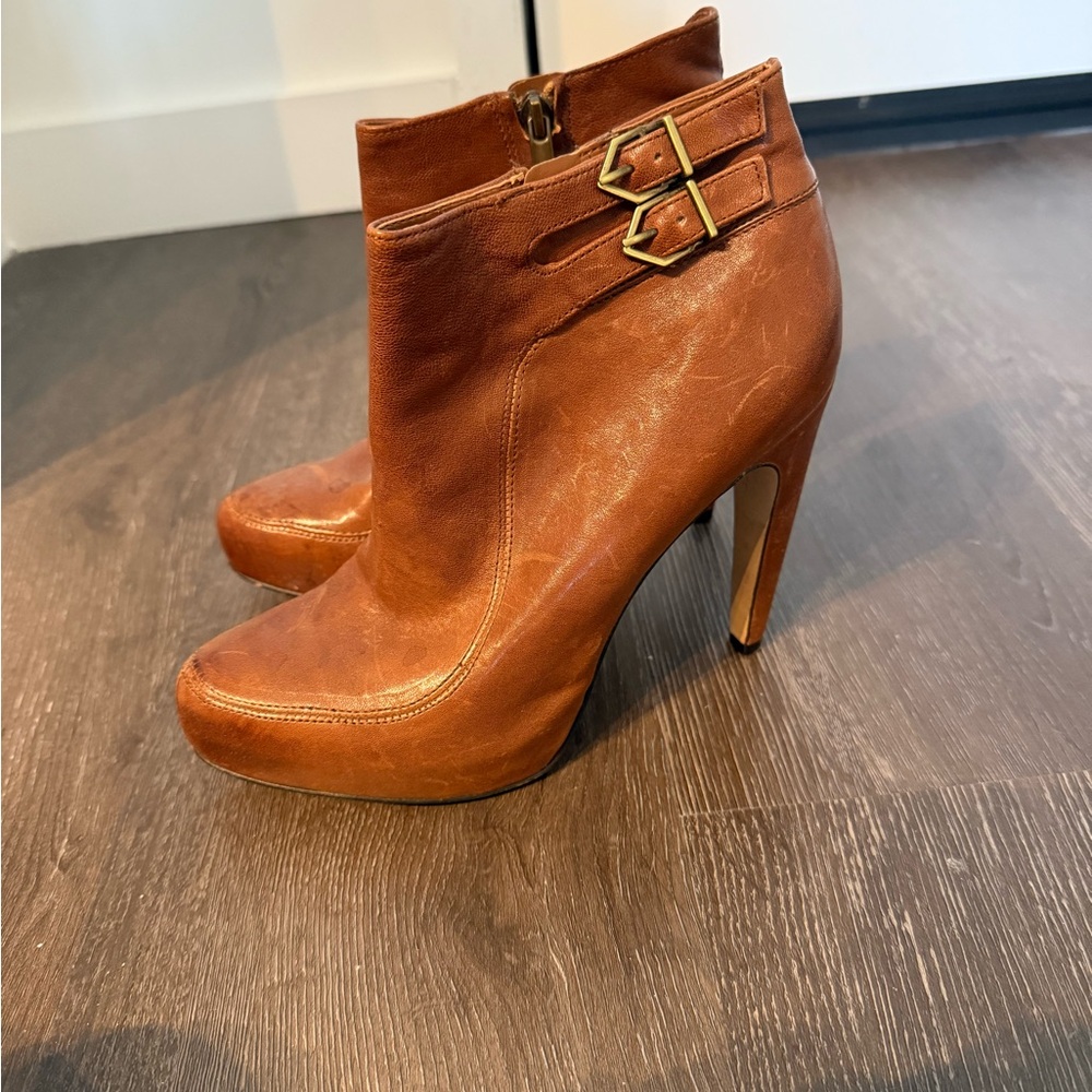 Sam Edelman Brown Leather High Heel Ankle Boots with Buckle Detail